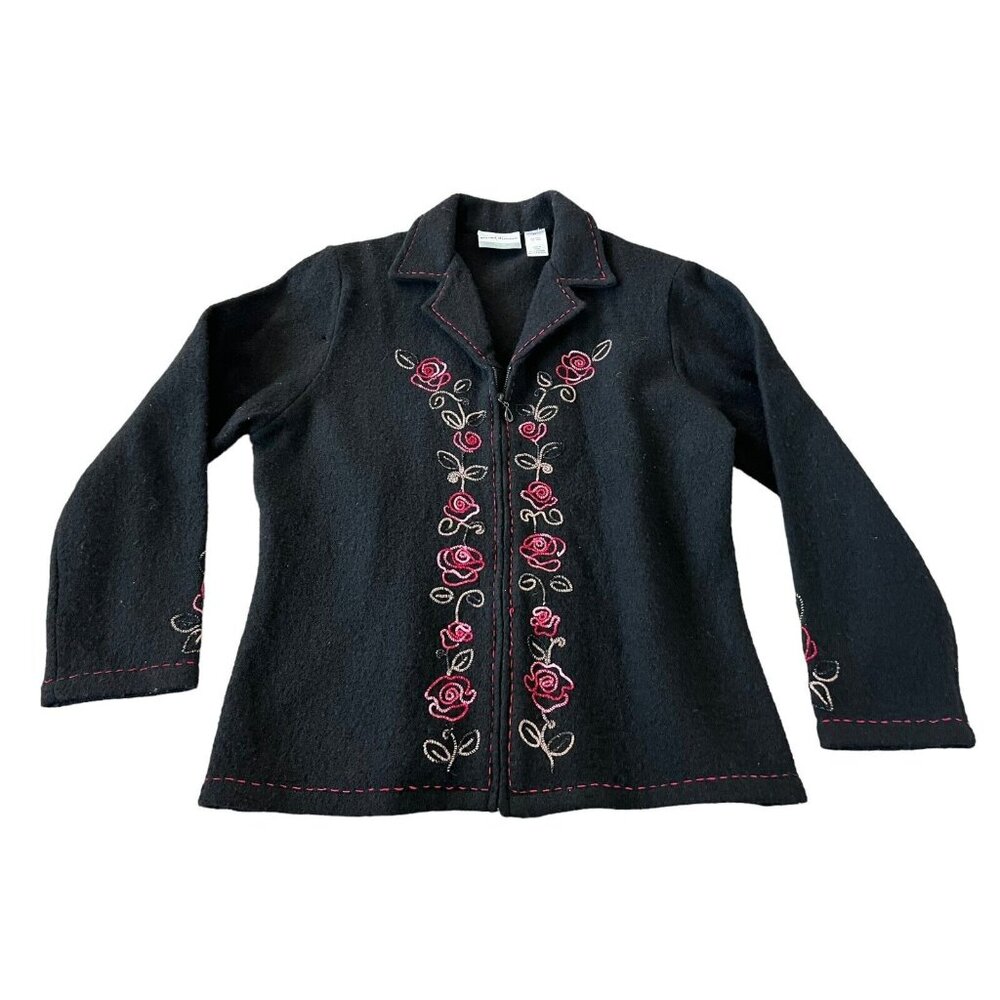 Alfred Dunner Petite‎ Womens Wool Jacket Black PL Embroidered Floral Zip Up